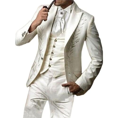 Suit Coat Vest Pants 3 Pieces Set / 2021 Mens Business Groom Wedding Embroidery Suits Blazers Jacket Trousers Waistcoat