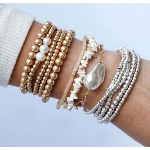 ZWPON 5 PCS/Set Gold Filled Beads Pearl Charm Elastic Bangles Sets for Women Silver Color Mini Cube Beaded Bracelets Jewelry
