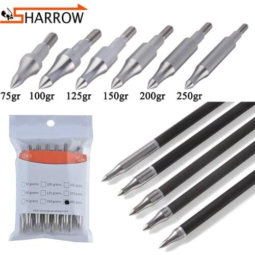 12pcs Shooting Target Arrowhead Archery Training Steel Arrow Point Tips 75-300grain 8-32 Thread Arrow Heads Hunting Accessories