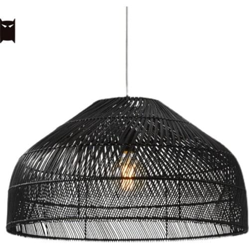 Natural Black Handmade Wicker Rattan Basket Pendant Light Fixture Art Nordic Country Hanging Ceiling Lamp Farmhouse Dining Room