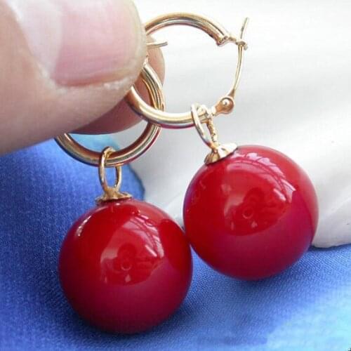 New Arrival Favorite Pearl Jewelry 16mm Round Red Color South Sea Shell Pearl 14k/20 Gold Dangle Earrings Charming Lady Gift