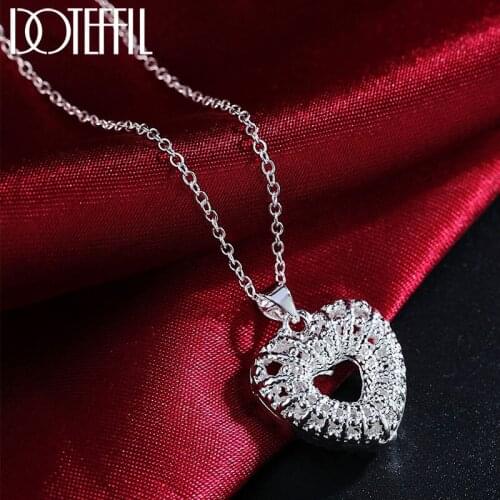 DOTEFFIL 925 Sterling Silver 18 Inch Heart-Shaped Hollow AAA Zircon Pendant Necklace For Women Fashion Wedding Charm Jewelry