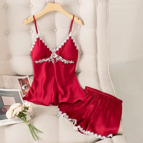 Two Piece Pajamas Set Women Strap Top&Shorts Sexy Lace Sleep Set Sleeveless 2PCS Sleepwear Female Pijamas Suit Home Clothing