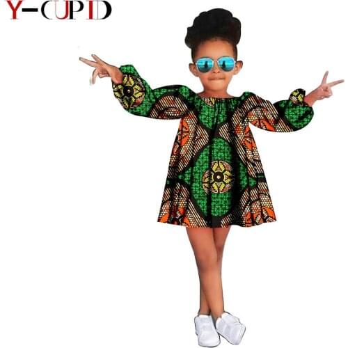 African Clothes for Kids Lovely Girls A-line Ankara Print Dress 100% Cotton Long Lantern Sleeve Dresses Girls Wear S194004