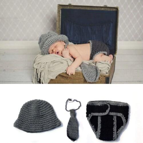 Gentleman Style Newborn Photography Props Baby Hat with Diaper Cover and Tie Little Boy Costume Outfit H268