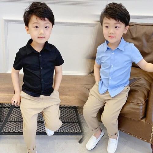 Boys Summer Shirt +Pants 2Pcs Clothing Set School Kids Uniforms Gentleman Party Suit Children Performance Graduation Dress
