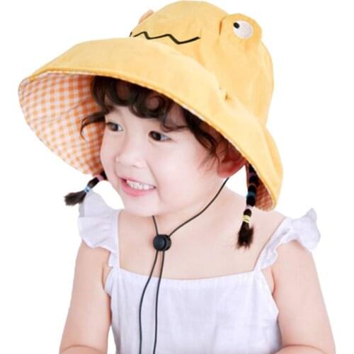 Cute Frog Kids Reversible Wide Brim Empty Top Folding Suncap Summer Beach Sun Hat Panama Hat Lady Classic Straw Hat for Children
