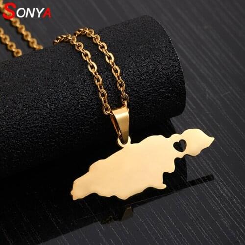 SONYA Stainless Steel Heart Jamaica Map Pendant Necklaces Women/Girls Gold Color Lovers Engagement Jamaican Jewelry