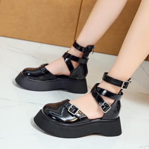 Lolita Shoes Cross-tied Flat on Platform Shoes Women Buckle Strap Leather Thick Sole Casual Shoes White Mary Janes Shoe 9285L
