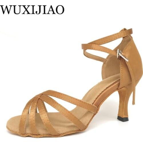 WUXIJIAO Hot Sale Women Latin Dance Shoes Dance Dark Tan Satin Soft Leather Sole Ladies Ballroom Dances Shoes Sandal High Heel
