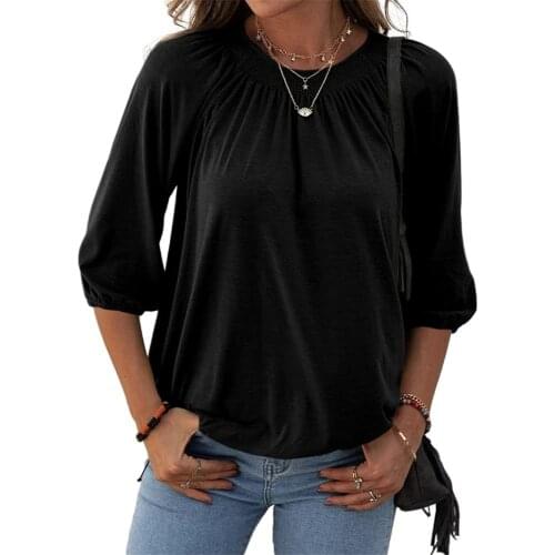 Solid Black Women T-Shirts 3/4 Sleeve Summer Cotton Tops Loose Casual Pleated Tee Female O-Neck Streetwear T-Shirt Pullovers