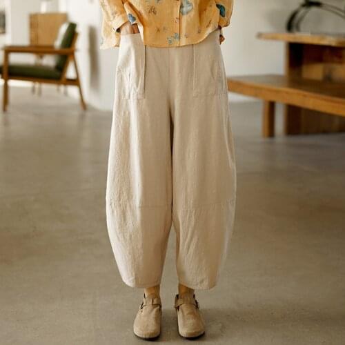 Johnature Women Cotton Linen Harem Pants Elastic Waist Solid Color Vintage Trouser Patchwork Pockets 2021 Spring New Loose Pants
