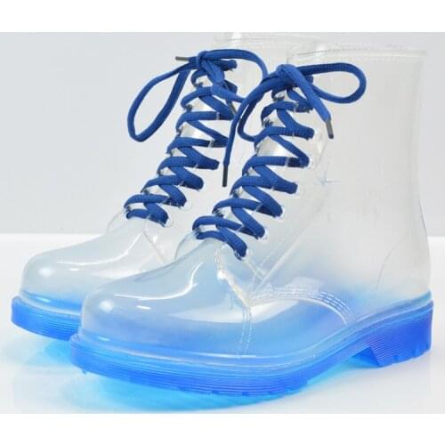 Women Rain Boots Mature Lady Lace Up Waterproof Lady Shoes Transparent Candy Color Ankle Outdoor Girls Shoes 358