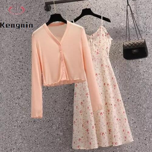 Oversized Women Sets 2021 Summer Print Chiffon Sexy Sleeveless Dress + Knitted Long Sleeve Cardigans Two Piece Suits KE1250