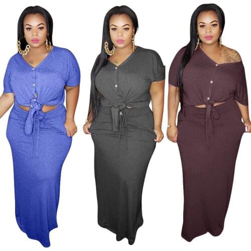 Women Plus Size Two Piece Sets New Casual Knit Matching Sets V-neck Blouses Maxi Midi Skirts Suit Wholesale Dropshpping (Xl-5XL)