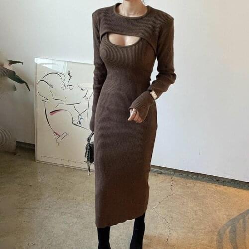 2021 Knitted Womens Dress Bodycon Vintage Hollow Out Long Sleeve Slim Pencil long Dress Casual Party Streetwear Autumn Female