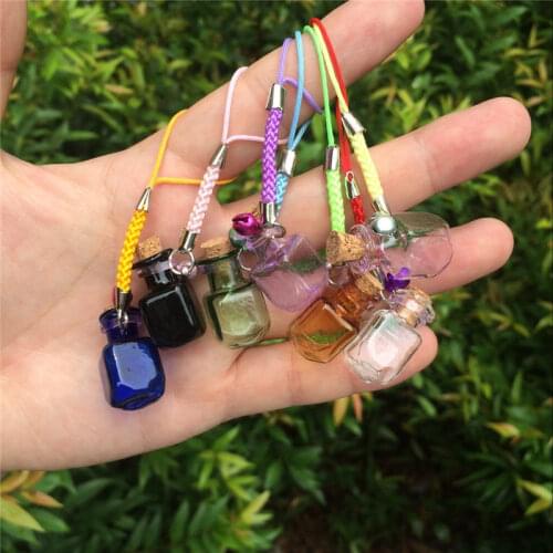 Glass Bottles Charms Rectangle Shape Mini Bell Bracelets Bottles Key Chains Jars Glass Charms Bottles Favor Mixed Colors 7pcs