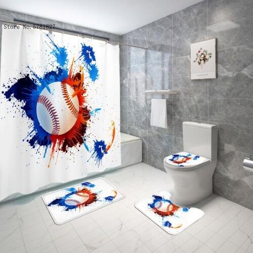 Baseball Bath Curtain Set 3/4 Pieces Famous Sports Shower Curtains Set Pedestal Rug Toilet Mat Set Home Shower Curtain Set