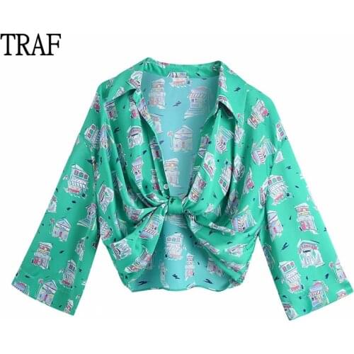 TRAF Za Women Blouses 2021 Summer Printed Cropped Female Shirt Fashion Pleated Short Sleeve Top Woman High Street Woman Blouse