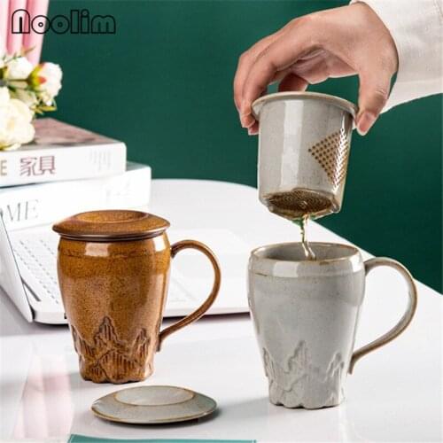 Ceramic Coffee Mug with Lid and Filter Office Teacup Tea Water Separation Cup Couple Strainer Drinking Juice Mug Drinkware 260ML