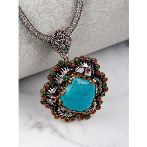 Turquoise - Ruby - Emerald Special Workmanship 925 Sterling Silver Necklace