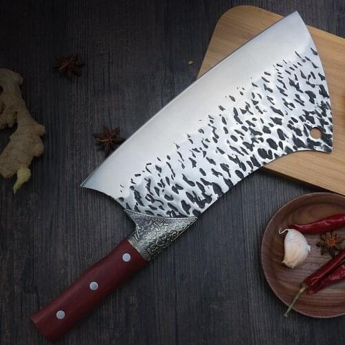 Stainless Steel 9.5 Inch Hammered Meat Cleaver Chef Knife Red Color Wood Handle 3 Steel Nails Copper Steel Head Kitchen Knife