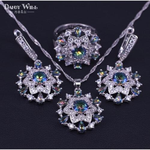Best Christmas Gift For Women Rainbow Cubic Zircon Silver Color Jewelry earring ring necklace set pear&round jewelry