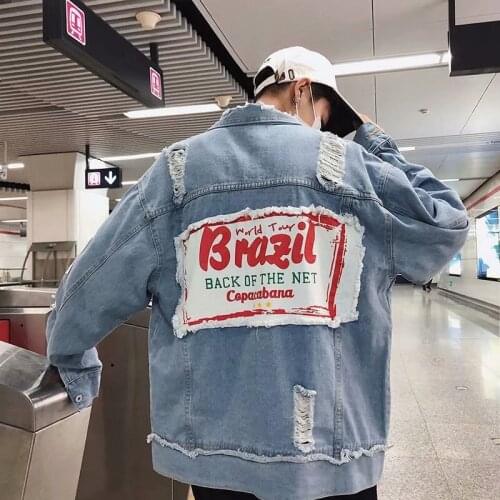 2021 Mens Hip Hop Denim Jacket Funny Printed Broken Hole Jean Jacket Spring Autumn Streetwear Coat for Couples