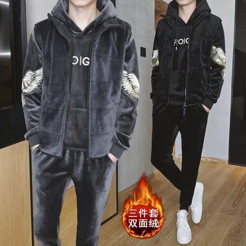 Men gold velvet thick 3 piece set suit winter embroidery hooded hoodies vest pants sweatsuit sport pants men velour tracksuit
