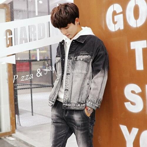 Autumn mens masculine Denim suit 2 pieces black gradient denim jacket coat slim oversized jean jackets men windbreaker Cardigan