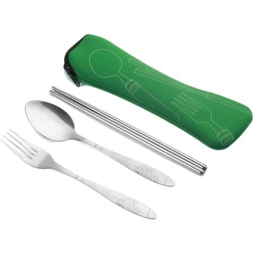 3Pcs Steel Cutlery Set Portable Bag Tableware Spoon Travel Anti-slip Bag With Chopsticks Durable Fork Dinnerware N9W0