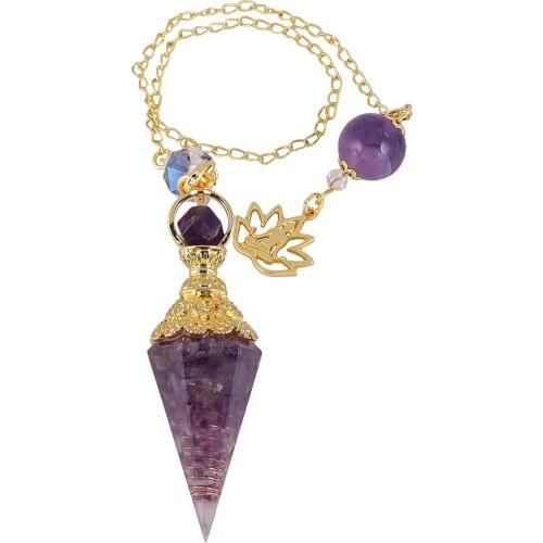 Natural Crystal Stone Healing Reiki Pendulum For Divination Meditation Amethyst Pendent Gold Color Chain Women Jewelry