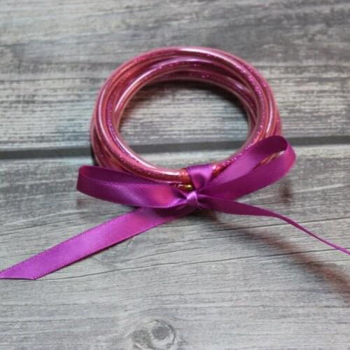 Purplish Red Glitter Jelly Bangle Bracelet Set - Gold Powder Lining Fashion Jewelry - Lightweight Cute Bracelets for Women Girl