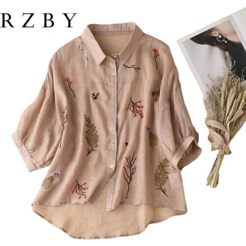 Button Up Shirt Women Embroidery Prairie Chic Half Sleeve Turn-down Collar Sold Floral Blouse Casual Female Tops RZBY466
