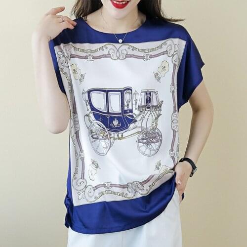 High Quality Silk Tshirt 2020 New Summer Womens Plus Size Clothing Printed Silk Stitching Short Sleeve T Shirt Breathable Tops