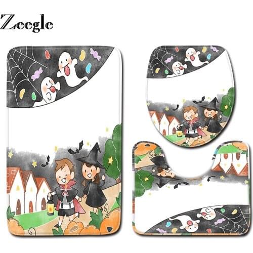 Zeegle Halloween Toilet Set Anti Slip Bathroom Shower Mat Absorbent Bathrooom Carpets Washable Toilet Pedestal Rug Toilet Set