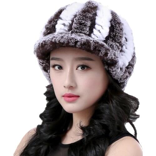 Women Winter Fur Peaked Cap Natural Rex Rabbit Fur Hats Lady Thicken Warm Russian Headgear Handmade Vertical Striped
