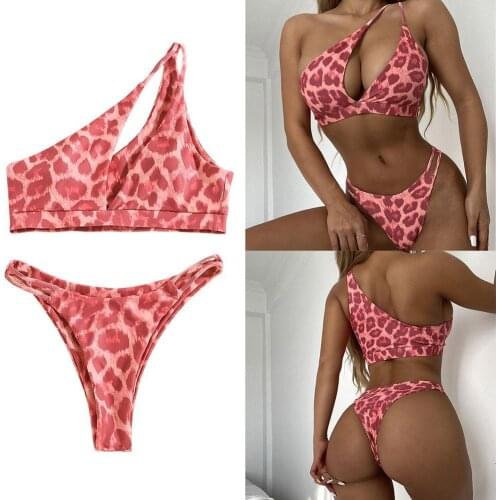 Sexy Leopard Push Up Bandeau Swimsuit Irregular shoulder set Cut straps Cup Bra Suit Bathing Surfing Swimwear Women High Bi D6S0