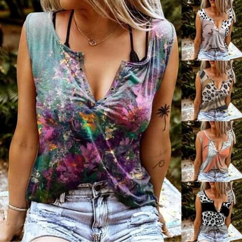 2021 New Women Fashion Summer V-neck Digital Printing Pullover Sexy Casual Vest Loose Butterfly Print Sleeveless T-shirt Топ
