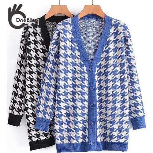 OneBling Za Woman 2021 Tra Autumn Winter Houndstooth Knit Cardigan Contrast Trims Casual Long Loose Sweater Female Tops Blazer