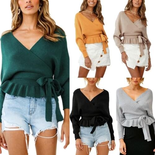 2021 new womens solid color V-neck bow knot long-sleeved knit sweater top fashion loose backless ruffled hem casual pullover /F