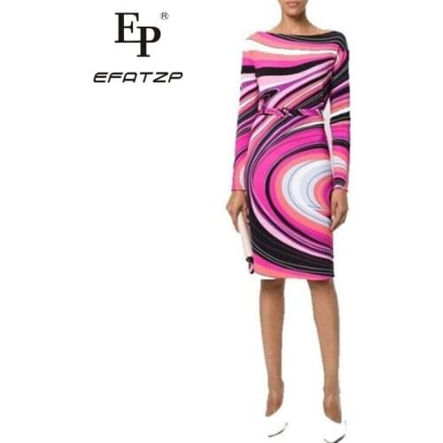 EFATZP Newest Fashion 2018 Spring Designer Dress Womens Long Sleeve Slash neck Geometric Print Stretch Jersey Silk Day Dress
