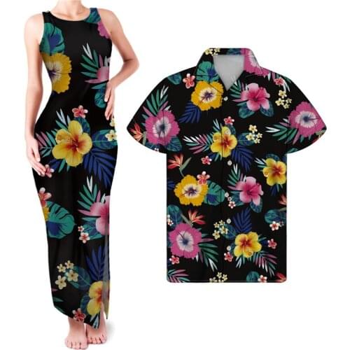 HYCOOL Elegant Casual Women Long Sleeveless Gowns Hibiscus Print Plus Size Floral Dress Women Custom Couples Match Clothing Sets