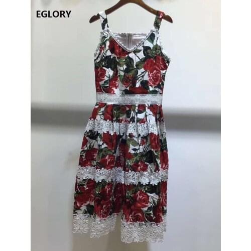 High Quality Strap Dress 2020 Summer Celebrity Inspired Women Red Rose Flower Print White Lace Embroidery Patchwork Midi Dress