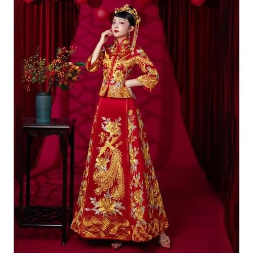 Golden Embroidery Chinese Vintage Wedding Dress Banquet High-quaity Classic Cheongsam China Qipao костюм для восточных