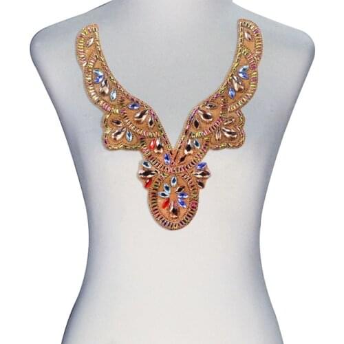 1piece Beads Crystal Hot Fix Motif Rhinestones Collar Applique Iron on Cord Patches Embossed Clothes Stickers for Sewing T2391
