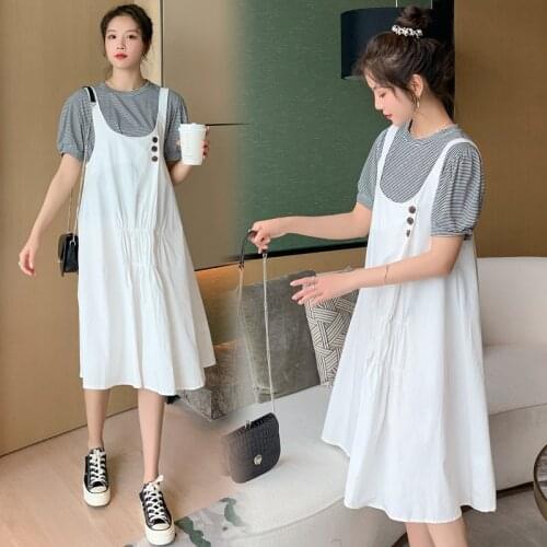 78595# T Shirt + Cotton and Linen Dress Maternity Clothes Loose Stylish Short Sleeves Dress Pregnant Women Mom Dress Sets