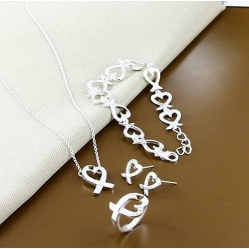925 Sterling Silver Heart Necklace Earring Bracelet Ring Set For Woman Wedding Engagement Party Fashion Charm Jewelry Gift