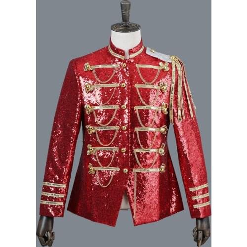 Shiny Red Sequin Blazer Men Glitter Military Dress Tuxedo Men Blazer Jacket Nightclub Stage Singer Show Performance Blazer Homme