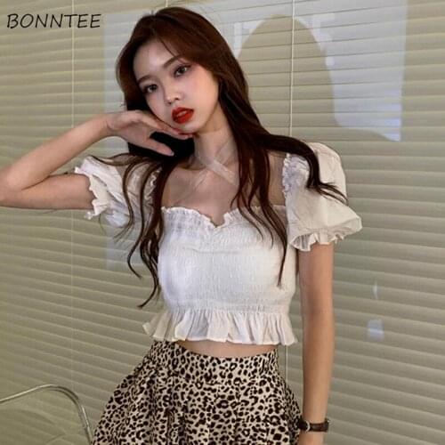 Blouses Women Ruffles White Slim Summer New Thin Design Ins Tops Super-Short Square Collar Sexy Hot Sale High Elasticity Quality